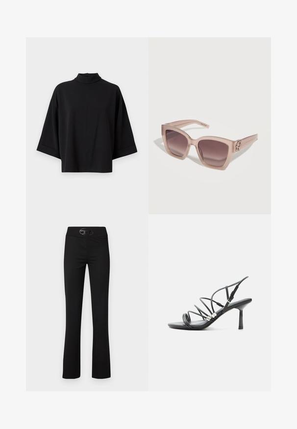 JDY JDYGEGGO - Bluse - black; Sorte flared bukser lavet af et glat, strækbart materiale. De har et bredt taljebånd og et skinnende sort logo-accent foran.; Sort højhælet sandal med tynde buede remme, sølv accenter og en justerbar ankelspænde på en hvid baggrund.; Rektangulære beige solbriller med tykke gennemsigtige stel og brune gradientlinser, der ligger skråt på en hvid overflade.