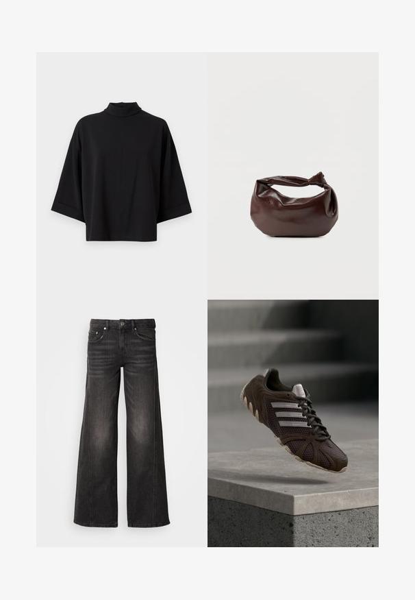 JDY JDYGEGGO - Bluse - black; Sorte vidde-ben denimjeans med falmede detaljer, fem-lomme design, knap- og lynlåslukning.; Mørkebrun Adidas-sneaker med mesh-overdel, tre hvide striber og tekstureret sål, hængende over en betonplatform med slørede trin i baggrunden.; Mørkebrun læder skuldertaske med en blød, afslappet form og et snoet knudehåndtag på en ensartet hvid baggrund.