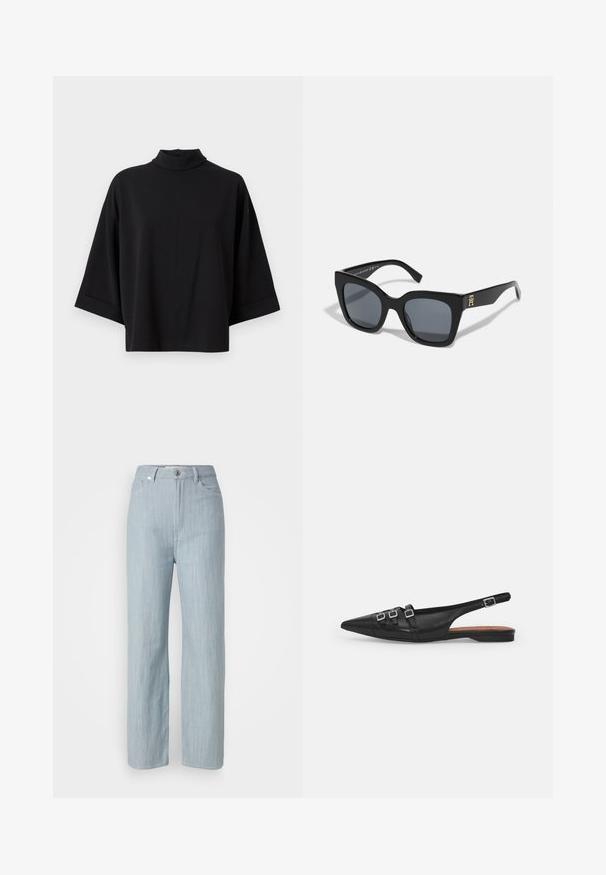 JDY JDYGEGGO - Bluse - black; Lysblå straight-leg jeans lavet af denim. Har fem lommer, en metal knaplukning og subtile slidser for tekstur.; Sort læderslyngeflad sko med spids tå, der har to vandrette stropper og firkantede sølvspænder, lav hæl og glat tekstur.; Sorte solbriller med en markant firkantet form, der har mørke linser og en guld-logo detalje på det ene arm. Fremstillet af glansfuldt plastmateriale.