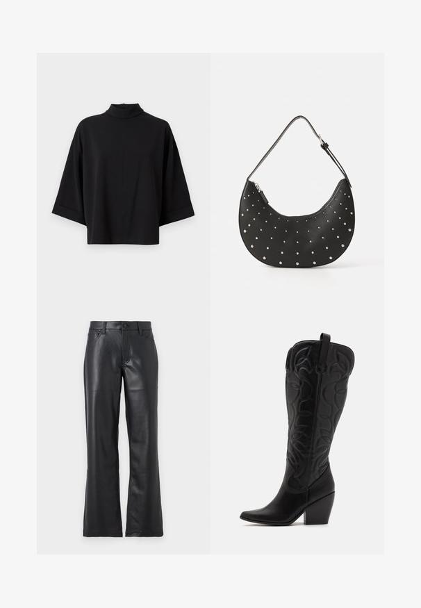 JDY JDYGEGGO - Blouse - black; Zwarte leren broek met een uitlopende ontwerp, voorzien van echte zakken, riemlussen en een knoopsluiting. Gladde textuur met zichtbare stiksels.; Zwarte leren kniehoge laarzen met puntige neus en gestapelde hak. Voorzien van decoratief stiksel en gebogen designelementen.; Zwarte leren handtas met een gebogen vorm, versierd met zilveren studs, voorzien van een ritssluiting en een enkele verstelbare schouderband.