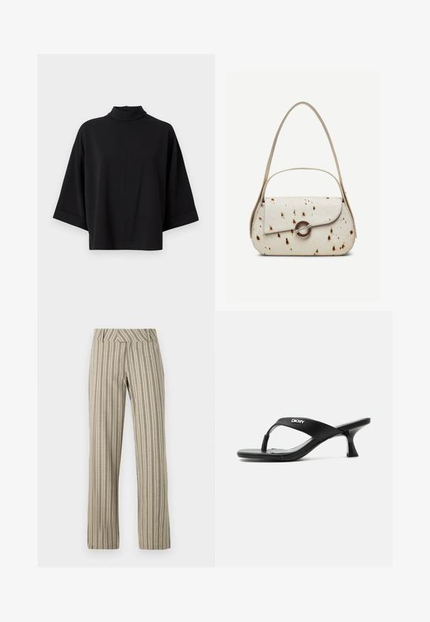 JDY JDYGEGGO - Bluse - black; Beige stribede bukser med brede ben lavet af letvægtsstof, med høj talje og lige pasform samt sidelommer.; Sort hælsandal med DKNY-logo på remmen og en slank, buet kitten-hæl på hvid baggrund.; Kremfarvet håndtaske med brune prikker, buet klap med rund metalspænde, med to tynde stropper, hvoraf den ene er længere til skulderbrug.