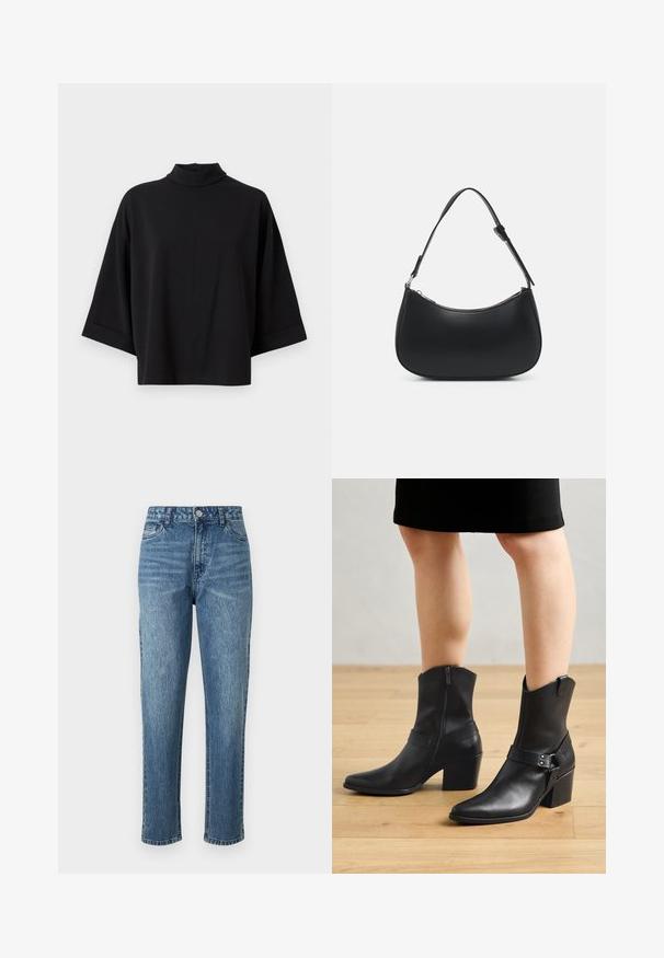 JDY JDYGEGGO - Blouse - black; Blauwe denim jeans met een recht silhouet, vijf zakken en een sluiting met een voorste knoop. Licht gewassen met subtiele vervaging en een gestructureerd oppervlak.; Zwarte leren enkellaarzen met een puntige neus, ritssluiting, gebogen hak en een decoratieve band met metalen accenten.; Pieces PCALUANA SHOULDER BAG - Handtas - black