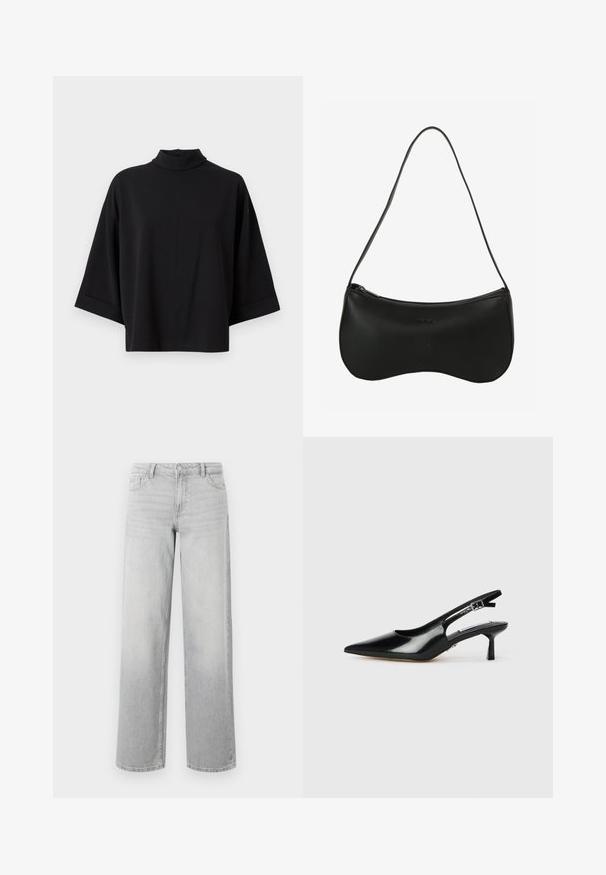 JDY JDYGEGGO - Bluse - black; Lysegrå brede jeans lavet af denim. Har fem lommer, knaplukning og en subtil falmet struktur for et slidt udseende.; Sorte patenterede slingback hæle med spids tå, tynd hæl og justerbar spænde-rem. Glat tekstur med minimal udsmykning.; Sort skuldertaske i læder med buet form, lynlås og enkelt tynd skulderrem; glat tekstur og diskret præget logodetalje.
