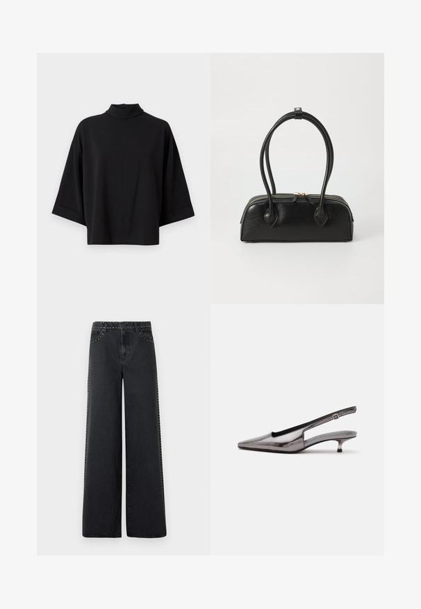 JDY JDYGEGGO - Bluse - black; Sorte vidde denimjeans med metalnitter langs linningen og sidesømmene. Har klassisk fem-lomme-design og en afslappet pasform.; Metalgrå spids slingback-sko med lav kittenhæle og justerbar rem på hvid baggrund.; Sort læder håndtaske med to langstrakte håndtag, lynlåslukning og afrundet form; glat tekstur med en subtil blank finish.