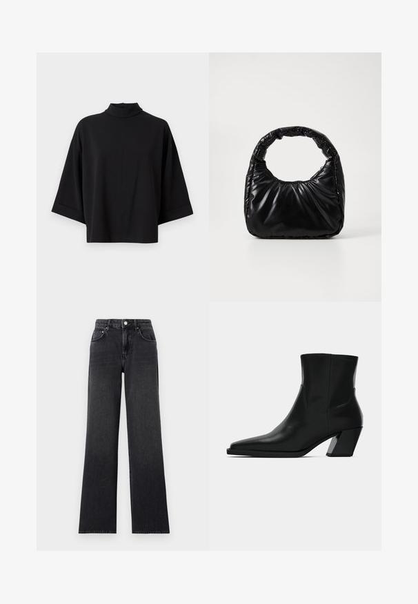 JDY JDYGEGGO - Blouse - black; Zwarte wijd uitlopende jeans van denim, met een hoge taille, riemlussen en een klassieke vijf-pocketontwerp met koperen accenten.; Zwarte leren enkelboot met een spitse neus, een slanke silhoeet en een chunky vierkante hak. Gladde textuur met minimale stikdetails.; Zwarte gevoerde handtas met een ronde handgreep, met een gladde, glanzende oppervlakte en een zachte, gewatteerde textuur. Geen zichtbare metalen onderdelen of accenten.