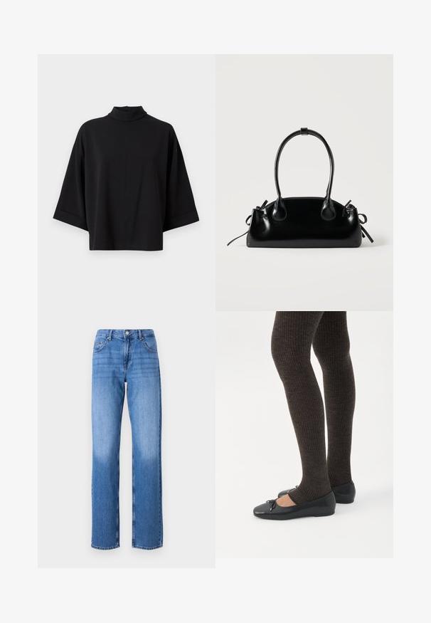 JDY JDYGEGGO - Bluse - black; Lyseblå denimjeans med høj talje, lige ben og slidte områder. Har almindelige for- og baglommer samt en knaplukning.; Ben iført mørke ribbede leggings kombineret med sorte balletsko med små sløjfedetaljer på hvid baggrund.; Lille sort blank håndtaske med to lange håndtag og snøre-detaljer i siden på en ensfarvet lys baggrund.