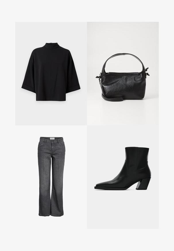 JDY JDYGEGGO - Bluse - black; Bredde ben jeans i mørkegrå denim. Har høj talje, traditionelt fem-lomme design og en ren kanten uden udsmykning.; Sortlæder ankelstøvle med spids tå, en slank silhuet og en kraftig firkantet hæl. Glat tekstur med minimale stikninger.; Sort læderhåndtaske med et struktureret design, rund tophåndtag og aftagelig skulderrem. Den har en glat tekstur og en subtil glans.