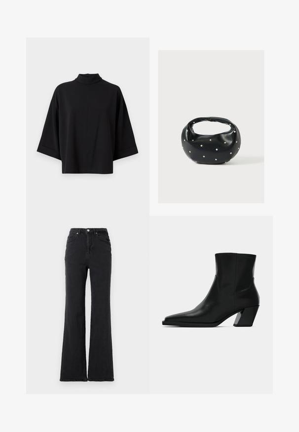 JDY JDYGEGGO - Bluse - black; Sorte højtaljede denimjeans med flagrende ben, frontknap og fem-lommet design mod en helt hvid baggrund.; Sortlæder ankelstøvle med spids tå, en slank silhuet og en kraftig firkantet hæl. Glat tekstur med minimale stikninger.; Sort læderhåndtaske med en rundet form, dekoreret med sølvnitter, og et kort håndtag. Glat tekstur og lynlåslukning.