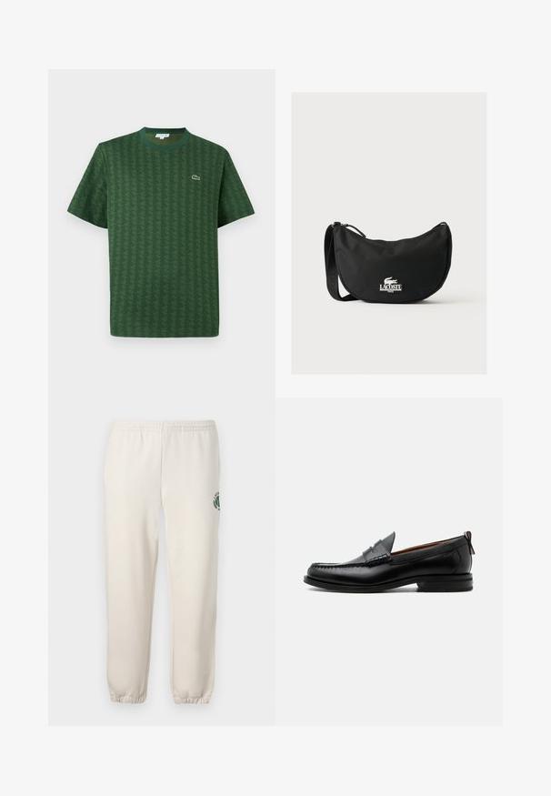 Grünes T-Shirt aus Baumwolle mit einem strukturierten geometrischen Muster. Verfügt über einen gerippten Rundhalsausschnitt und ein kleines Logo auf der Brust.; Helle beige Sweatpants aus Baumwolle mit einem elastischen Bund, gerippten Bündchen und einem grünen Logo mit Blattdesign am linken Bein.; Schwarzer Leder-Herrenschuh mit Mokassinnaht, Penny-Riemen, strukturiertem Kragen und niedrigem gestapeltem Absatz auf weißem Hintergrund.; Schwarze Lacoste Schultertasche mit geschwungener Form, verstellbarem Riemen und weißem, geprägtem Krokodil-Logo über dem Markennamen auf der Vorderseite.