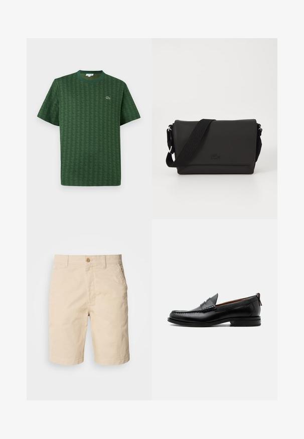 T-shirt vert en coton avec un motif géométrique texturé. Il présente un col rond côtelé et un petit logo sur la poitrine.; Shorts en coton beige avec une fermeture à bouton à l'avant, des poches latérales et une coupe droite. Texture lisse avec des détails de couture soignés.; Mocassin homme en cuir noir avec couture moc toe, bride penny, col texturé et petit talon empilé sur fond blanc.; Lacoste MESSENGER BAG MEN CLASSIC - Sac bandoulière - noir