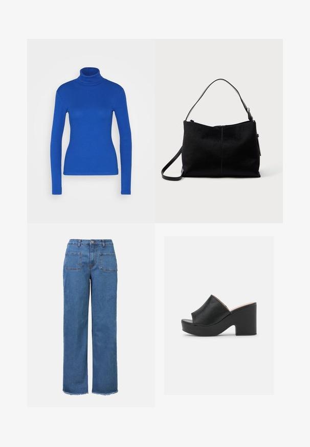 Modrý dlhý rukáv turtleneck top vyrobený z rebrového materiálu, s priliehavým strihom a hladkou textúrou. Žiadne ďalšie detaily nie sú prítomné.; Džínsy s vysokým pásom a širokými nohavicami vyrobené z modrého denimu, s gombíkovým zapínaním, dvoma zadnými vreckami a surovým detailom na leme nohavíc.; Čierne kožené muly s otvorenou špičkou majú široký predný remienok a masívny vysoký platformový podpätok s hladkou textúrou. Zobrazený bočný pohľad.; Čierna ramenná taška s hladkým, textúrovaným povrchom, vybavená jedným popruhom a horným zipsom. Kompaktný obdĺžnikový tvar.
