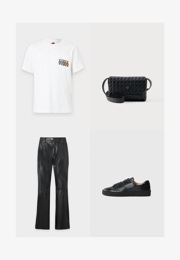 T-shirt en coton blanc à manches courtes avec une poche. Présente un motif brodé de lapins en bleu, marron et gris sur la poche.; Pantalon noir en similicuir avec poches avant, fermeture éclair à l’avant, fermeture par bouton, passants pour ceinture et jambes évasées.; Baskets en cuir noir avec une texture lisse, bout rond et fermeture à lacets. Comprend une semelle en caoutchouc épaisse et un minimum de détails de marque.; Sac bandoulière noir texturé avec une fermeture à rabat et un petit logo en métal sur le devant, présenté sur un fond uni.