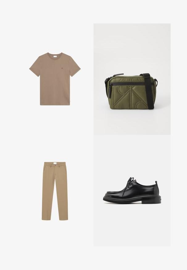T-shirt en coton marron avec un col rond, des manches courtes et un petit logo rouge "II" sur la poitrine. Design simple et texture lisse.; Pantalon beige avec une texture lisse, coupe droite, poches avant et fermeture à bouton. Étiquette visible à la taille.; Calvin Klein LACE UP APRON BRUSH OFF - Derbies - black; Sac en tissu matelassé vert olive avec une sangle noire, doté d'une fermeture zippée sur le dessus et d'une poche zippée extérieure ornée d'accents de motifs géométriques.