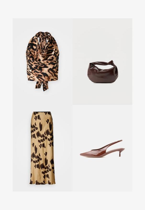 Læderpræget tørklæde med en let, silkeagtig tekstur i sort og beige nuancer; bundet øverst med en lille sløjfe.; Beige midi nederdel med uregelmæssigt mørkebrun leopardprint, lige snit og let glans på stoffet.; Blank brun slingback kitten heel med spids tå og lav, slank hæl på hvid baggrund.; Mørkebrun læder skuldertaske med en blød, afslappet form og et snoet knudehåndtag på en ensartet hvid baggrund.
