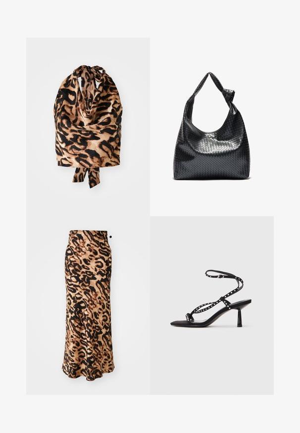 Læderpræget tørklæde med en let, silkeagtig tekstur i sort og beige nuancer; bundet øverst med en lille sløjfe.; Maxikjole med leopardprint og en tætsiddende talje, lavet af blødt stof, med nuancer af brun og sort i en svævende A-formet silhuet.; Sorte ruskind højhælede sandaler med spids tå, ankelrem og dekorativ nagledetaljering på remmene.; Sort vævet lædertaske med en afslappet design, der har et knyttet rem og en lille dekorativ guldstud foran.