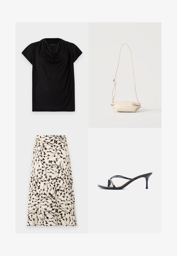 Haut noir à manches courtes avec un col drapé. Fabriqué en tissu doux et léger, il présente une coupe ample et une texture lisse.; Une jupe beige avec un motif floral noir et des branches fines. Le design présente de petites feuilles et des accents dorés occasionnels.; Sandale à talon en cuir verni noir avec fines lanières croisées et talon aiguille moyen et élancé sur fond blanc.; Petit sac bandoulière en cuir beige avec sangle ajustable, présenté sur un fond clair uni.