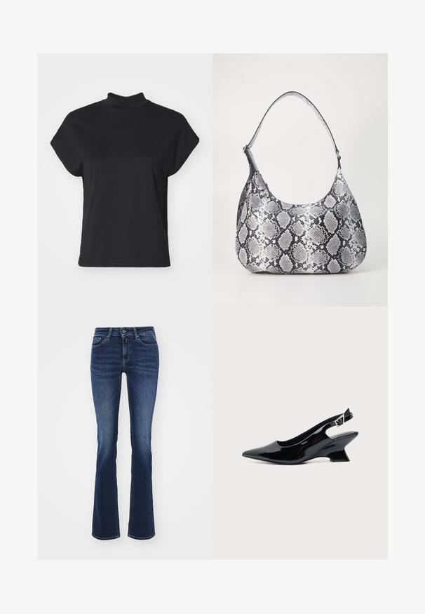 Schwarzes kurzärmliges T-Shirt mit hohem Ausschnitt, aus einem glatten Material gefertigt, mit entspannter Passform und geradem Saum.; Ausgestellt geschnittene dunkelblaue Jeans aus Denim, mit einem klassischen Fünf-Taschen-Design, Reißverschluss und Knopfverschluss vorne. Glatte Textur und mittelhohe Passform.; Schwarzer Slingback-Schuh aus Lackleder mit spitzer Spitze und niedrigem, schrägem Blockabsatz auf einfachem hellem Hintergrund.; Schultertasche im schwarz-weißen Schlangenprint mit runder Form, glatter Textur und gebogenem Tragegurt. Mit einem silbernen Hardware-Akzent.