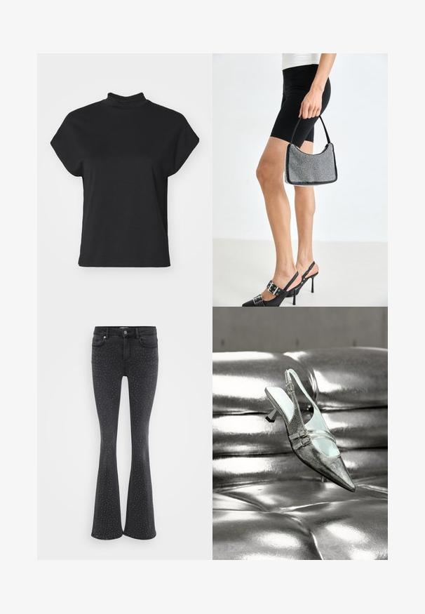 Zwarte korte mouwen t-shirt met een hoge hals, gemaakt van een gladde stof, met een losse pasvorm en een rechte zoom.; Zwarte flared jeans van denim, versierd met metallic studs. Vijf zakken en een sluiting met een knoop aan de voorkant.; Zilverkleurige slingback damschoen met hoge hak en twee gespen, rustend op een glanzend, getuften zilveren leren oppervlak.; Zwarte beaded handtas met een gebogen silhouet, draaghandvat en glanzende textuur. Draagt bij hoge zwarte hakken en strakke zwarte shorts.