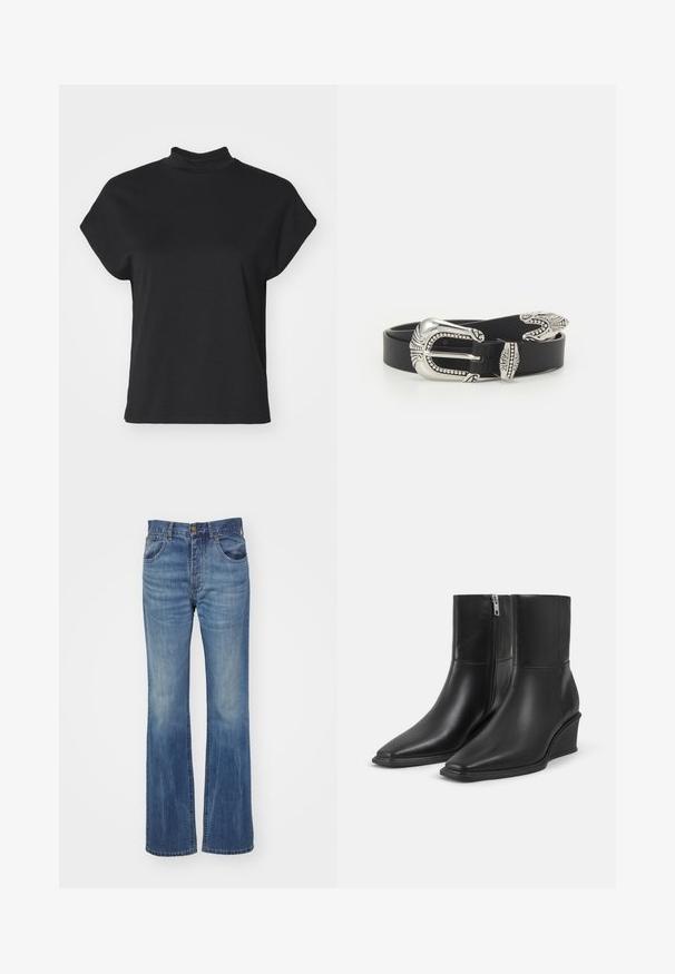 Schwarzes kurzärmliges T-Shirt mit hohem Ausschnitt, aus einem glatten Material gefertigt, mit entspannter Passform und geradem Saum.; Ausgestellte blaue Jeans aus Denim mit mittlerer Waschung, mit hoher Taille, Gürtelschlaufen und Fronttaschen. Glatte Textur mit minimalen Abnutzungserscheinungen.; Paar schwarze Leder-Stiefeletten mit spitzen Zehen, Keilabsätzen und seitlichen Reißverschlussverschlüssen auf einfachem hellem Hintergrund.; Schwarzer Ledergürtel mit einer großen silbernen Metallschnalle, die über feine Verzierungen und dekorative Akzente an beiden Enden verfügt.