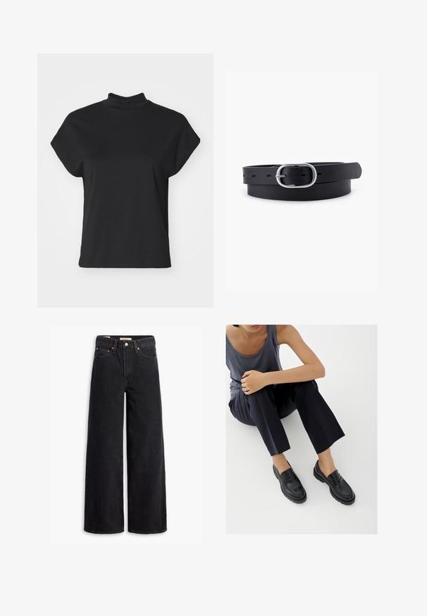 Sort kortærmet t-shirt med høj hals, lavet af et glat tekstil, med en afslappet pasform og en lige kant.; Sorte brede benjeans lavet af denim, med fem lommer, kobbernitter og en klassisk knaplukning. Glat tekstur med et rent design.; Sorte læderloafers med teksturerede detaljer, lav hæl, rund tå og synlige syninger. Modellen bærer mørke bukser og en grå top.; Sort læderbælte med en glat overflade, oval sølvmetalspænde og flere justeringshuller langs stroppen. Flad, minimalistisk design.