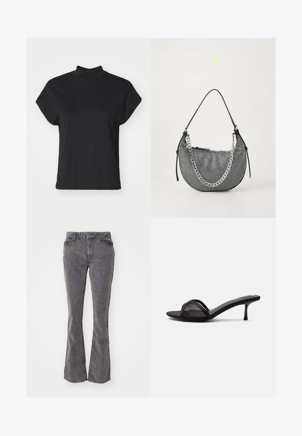 Schwarzes kurzärmliges T-Shirt mit hohem Ausschnitt, aus einem glatten Material gefertigt, mit entspannter Passform und geradem Saum.; Graue Schlagjeans aus Denim, mit klassischem Fünf-Taschen-Design, Verwaschungen und einem Knopf- und Reißverschluss am Bund.; Schwarze offene Mule-Sandale mit dünnem Netzriemen und niedrigem Kitten-Heel auf einfarbigem hellgrauem Hintergrund.; Schwarze Mesh-Handtasche in Halbmondform, mit einem silbernen Kettenriemen und schwarzen Lederakzenten. Texturierte Oberfläche mit einem Reißverschluss.
