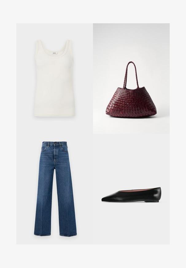 Débardeur crème sans manches en maille côtelée avec encolure dégagée et petit logo brodé centré sous l'encolure.; Jean bleu à jambes larges en denim avec taille haute, poches avant et couture contrastante. Le tissu a une texture lisse.; Chaussure plate en cuir noir pour femme, avec bout pointu et petit talon, vue de côté sur un fond gris clair uni.; DRAGON DIFFUSION SANTA CROCE BIG - Sac à main - bordo