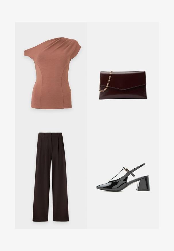 Haut marron sans manches avec un décolleté asymétrique et un détail de tissu drapé sur une épaule, silhouette ajustée.; Pantalon marron foncé à jambes larges avec plis et passants pour ceinture, doté d'une fermeture éclair avant et d'un ourlet net sur un fond uni.; Chaussure slingback en cuir verni noir à petit talon, bout pointu et bride en T avec une petite boucle dorée.; Sac à main en cuir de couleur bordeaux foncé avec un design en forme d'enveloppe. Il dispose d'une anse en chaîne dorée, d'une texture lisse et d'une fermeture en pointe.