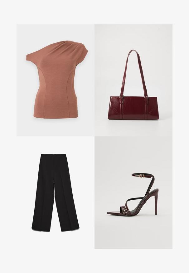 Haut marron sans manches avec un décolleté asymétrique et un détail de tissu drapé sur une épaule, silhouette ajustée.; Pantalon noir à jambes larges avec taille haute et détails de couture devant, posé à plat sur fond blanc.; Sandale à talons hauts en cuir verni bourgogne avec une bride de cheville, bout pointu et trois bandes horizontales sur le pied. Détail de boucle dorée.; Sac à main bordeaux en matériau brillant, de forme rectangulaire, avec deux anses et des accents légèrement courbés à l'avant.
