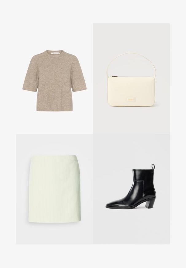 Beige kortærmet sweater lavet af blødt strikstof med en rund halsudskæring og en afslappet pasform. Teksturen er en smule fuzzy.; Elfenbensfarvet blyantskørt til knæet med diskrete lodrette nålestriber og en tætsiddende linning.; Sort læder ankelstøvle med spids tå, geometrisk stablet hæl og en løftestrop bagpå. Glat tekstur og slankt design.; Kremfarvet rektangulær håndtaske med en enkelt rem og lynlås øverst, med en lille præget logo-plakette foran.
