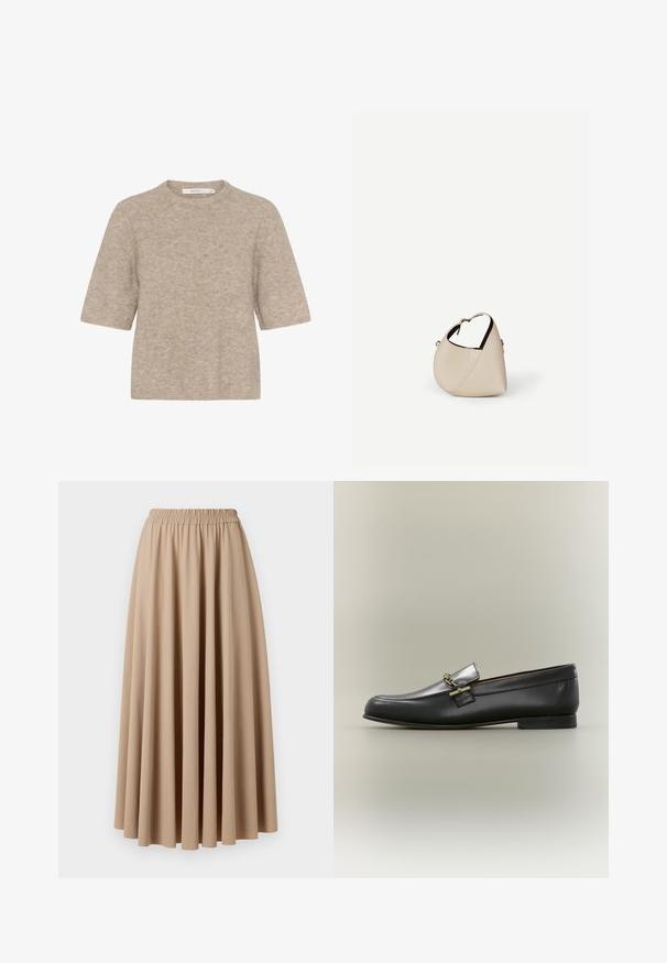 Beige korte mouwen trui gemaakt van zachte brei-stof, met een ronde halslijn en een relaxte pasvorm. De textuur is licht verweven.; Beige maxi rok met een elastische tailleband, gemaakt van zachte stof met een soepel, geplooid ontwerp. Glad materiaal, effen kleur.; Zwarte leren loafer met zilveren bovenkant, gouden kettingdetail, lage hak en afgeronde neus op een neutrale achtergrond.; Beige leren handtas in halvemaanvorm met een enkele schouderband en minimale stiksels, afgebeeld tegen een effen witte achtergrond.