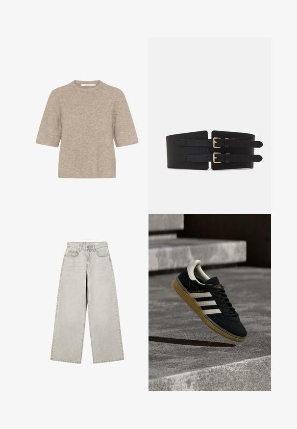 Pull léger beige à manches courtes en tricot doux, avec un col rond et une coupe décontractée. La texture est légèrement duveteuse.; Jean gris clair à jambes larges avec bouton frontal, passants pour ceinture et poches avant, étalé à plat sur un fond blanc.; Baskets en daim noir avec des rayures blanches et un logo doré, dotées d'une semelle en caoutchouc gomme texturée et d'un languette de talon crème contrastante.; La ceinture large en simili cuir noir est dotée de deux sangles ajustables avec boucles dorées, d'une texture lisse et d'un design large qui s'amincit sur les bords.