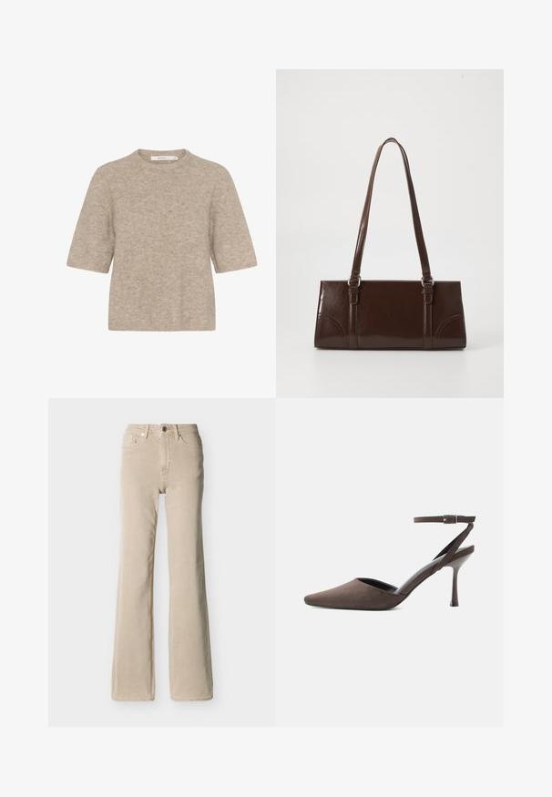 Pull léger beige à manches courtes en tricot doux, avec un col rond et une coupe décontractée. La texture est légèrement duveteuse.; Jean beige taille haute avec bouton et fermeture éclair à l'avant, cinq poches, et une jambe légèrement évasée sur un fond uni.; Chaussure à talon haut en daim marron à bout pointu, avec une fine bride de cheville et une boucle argentée sur fond blanc.; Sac à main en cuir verni marron de forme rectangulaire, avec deux longues poignées et des accents courbés subtils à l'avant.
