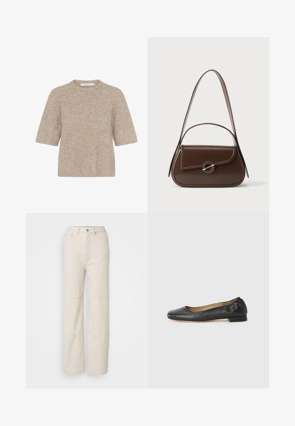 Pull léger beige à manches courtes en tricot doux, avec un col rond et une coupe décontractée. La texture est légèrement duveteuse.; Jean large beige clair en coton. Présente une taille haute, une fermeture à bouton à l'avant et deux accents de couture horizontaux sur les jambes.; Ballerines en cuir noir avec un bout arrondi et des coutures minimales. Talon bas et rectangulaire avec une texture lisse. Détails subtils de doublure intérieure.; Sac à épaule en cuir marron avec rabat incurvé et fermoir circulaire argenté, présenté sur un fond clair uni.