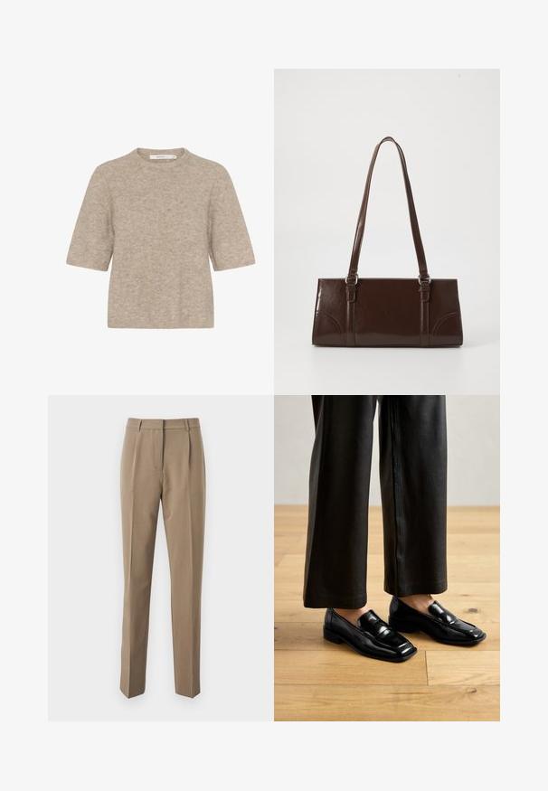 Suéter beige de manga corta hecho de un suave tejido de punto, con un escote redondo y un corte relajado. La textura es ligeramente peluda.; Pantalones marrones ajustados hechos de una tela suave, que presentan un diseño de pierna recta, pliegues frontales y una cinturilla con presillas para cinturón.; Mocasines de charol negro con un acabado elegante y suave, que cuentan con un tacón bajo y un diseño clásico con líneas curvas.; Bolso de mano de piel sintética marrón con forma rectangular, dos asas largas y sutiles acentos curvados en la parte delantera.