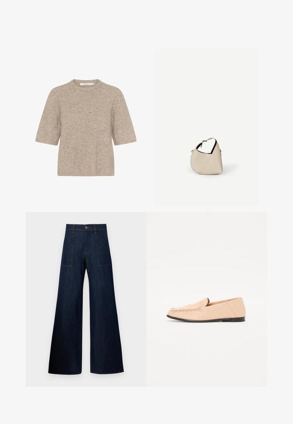 Beige kortærmet sweater lavet af blødt strikstof med en rund halsudskæring og en afslappet pasform. Teksturen er en smule fuzzy.; Mørkeblå vidde jeans lavet af denim, med to forlommer, synlige sømme og en knaplukning i taljen.; Beige læder loafers med syet detaljer, en flad sort sål og en rund tå. Minimalistisk design uden fremtrædende hardware eller accenter.; Beige læder håndtaske i halvmåneform med en enkelt skulderrem og minimal syning, sat mod en ensartet hvid baggrund.