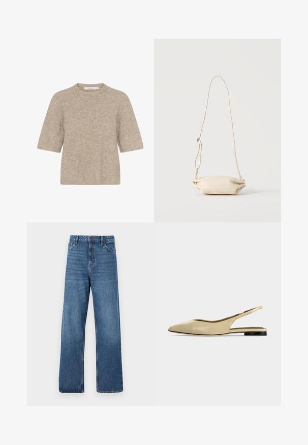 Beige korte mouwen trui gemaakt van zachte brei-stof, met een ronde halslijn en een relaxte pasvorm. De textuur is licht verweven.; Blauwe denim jeans met hoge taille en wijd uitlopende pijpen, met een gladde textuur, minimale stikdetails en een klassieke vijfzakkenstijl.; Beige platte slingback schoen met puntige neus, lage zwarte hak en een glad leren afwerking, zijaanzicht op een effen achtergrond.; Kleine beige leren crossbody tas met verstelbare riem, getoond tegen een effen lichte achtergrond.