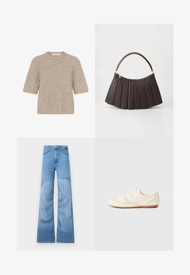 Beige korte mouwen trui gemaakt van zachte brei-stof, met een ronde halslijn en een relaxte pasvorm. De textuur is licht verweven.; Lichtblauwe wijduitlopende jeans met hoge taille, knoopsluiting aan de voorkant en zakken, met een subtiel bloemenwaseffect op de pijpen.; Crème-witte sneakers met een bovenwerk van suède en stof, een afgeronde neus en een rubberen zool met een beige accentdetail. Vetersluiting.; Bruine, geplooide handtas met een gebogen bovenkant, platte onderkant en een kort handvat. Gemaakt van glad materiaal met subtiele merkdetails.