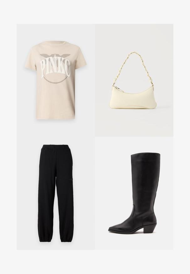 Beige t-paita, jossa on valkoinen "PINKO"-logo kehysmuodossa. Lyhyet hihat ja rento istuvuus. Sileä pinta.; Musta collegehousut, jotka on valmistettu puuvillasekoitteesta, varustettuna joustavalla vyötäröresorilla ja kapeilla nilkkasaumoilla. Hienovarainen logo detail sivulla.; Musta keskisääreen ulottuva nahkasaapas, jossa on terävä kärkiosa ja matala vino korko yksinkertaisella vaalealla taustalla.; Pieni kreemivärinen käsilaukku, jossa on kaareva muoto ja punottu kultasävyinen ketjusahva, vetoketjullinen suljenta päällä