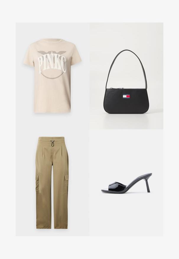 Beige puuvilla t-särk, millel on valge "PINKO" logo ringikujulise disainiga. Lühikesed varrukad ja lõdva istuvusega. Sile tekstuur.; Kaksikohvikarva cargo-püksid slim-fit lõikega, millel on nööriga vöökoht, kaks küljetaskut ja tekstuuriga kude vastupidavuse tagamiseks.; Mustad lakknahast avatud varbaga kontsaga sandaalid, mis on varustatud kaardus pealse disaini ja kitseneva tikk-kontsaga. Sile, läikiv viimistlus.; Must must must naha must nahal köitega, lühikese sangaga ja lukuga. Ees on mitmevärviline logo plaat.