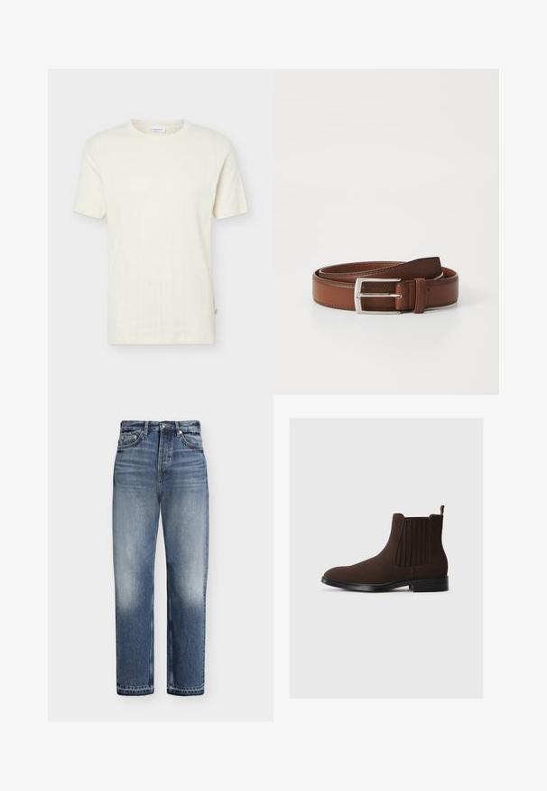 Pull en tricot couleur crème à manches courtes avec des motifs torsadés verticaux subtils et un col rond.; Jean bleu taille haute à jambes droites avec des détails délavés, poches avant, fermeture par bouton et passants de ceinture sur fond blanc.; Bottines Chelsea en daim marron avec panneaux élastiques sur les côtés, talon bas et une languette à l'arrière. Texture lisse et design épuré.; Ceinture en cuir brun au fini lisse, avec une boucle en métal argenté et une couture subtile le long des bords. Design classique et durable.