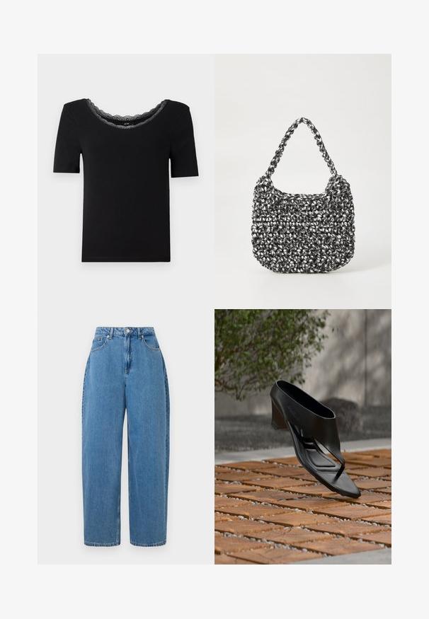 T-shirt noir à manches courtes en tissu doux, doté d'un col en dentelle festonnée. Design simple et ajusté, sans motifs ni accents.; Un pantalon en denim bleu clair avec une coupe droite, taille haute et fermeture à bouton devant. Il comporte cinq poches et des détails de couture minimaux.; Sandale noire à talon haut avec une lanière entre les orteils, flottant au-dessus d'une surface extérieure en bois et gravier à motifs, avec un arrière-plan flou de verdure et un mur.; Sac en osier noir et blanc de forme arrondie, avec une surface texturée et une poignée tressée. Convient à un usage décontracté.