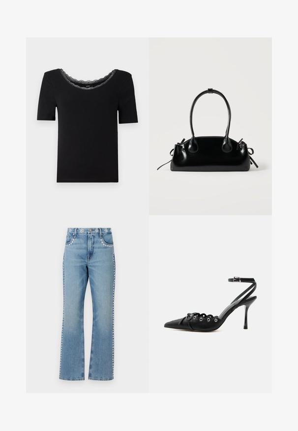 Schwarz kurzärmliges T-Shirt aus weichem Stoff, mit einem wellenförmigen Spitzenkragen. Einfaches, eng anliegendes Design ohne Muster oder Akzente.; Good American GOOD ICON STUDDED - Jeans Straight Leg - indigo; Schwarzer, spitzer High-Heel-Schuh mit geschwungenen Kanten, Metallösen, Schnürung vorne und Knöchelriemen mit Schnallverschluss.; Kleine schwarze glänzende Handtasche mit zwei langen Griffen und seitlichen Kordelzug-Details vor einfachem hellem Hintergrund.