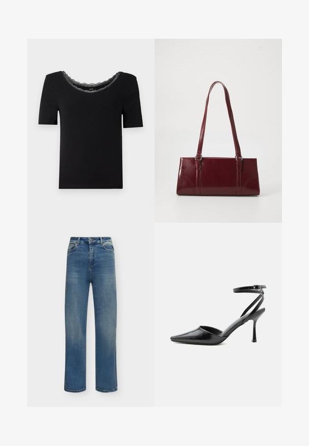 Schwarz kurzärmliges T-Shirt aus weichem Stoff, mit einem wellenförmigen Spitzenkragen. Einfaches, eng anliegendes Design ohne Muster oder Akzente.; Blaue Jeans mit geradem Bein, Knopf- und Reißverschluss, Vorder- und Gesäßtaschen, vor weißem Hintergrund dargestellt.; Schwarzer spitzer High Heel mit dünnen Knöchelriemen und silberner Schnalle auf einfachem hellem Hintergrund.; Burgunderfarbene Handtasche aus glänzendem Material, rechteckige Form, mit zwei Schulterriemen und subtilen, geschwungenen Akzenten an der Vorderseite.