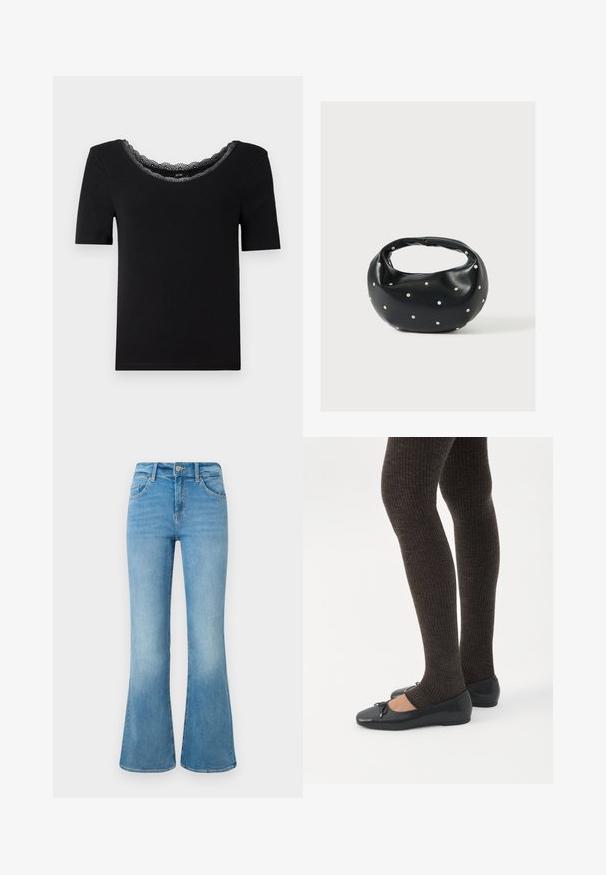 T-shirt noir à manches courtes en tissu doux, doté d'un col en dentelle festonnée. Design simple et ajusté, sans motifs ni accents.; Jean flare en denim bleu clair avec poches avant, passants de ceinture et fermeture à bouton sur un fond blanc.; Jambes portant des leggings côtelés foncés associés à des ballerines noires avec de petits détails en nœud sur fond blanc.; Sac à main en cuir noir de forme arrondie, décoré de clous argentés et équipé d'une poignée courte. Texture lisse et fermeture éclair.