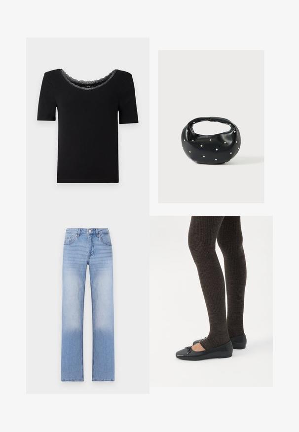 Musthave musta lühikese varrukaga t-särk, mis on valmistatud pehmest kangast, millel on laineline pitsist kaelus. Lihtne, mugav disain, ilma mustrite või aksessuaarideta.; Heledad sinine teksapüksid sirge jala disainiga, mis on varustatud alumises osas degradeeritud pesuga ning klassikalise viie tasku stiiliga.; Jalad seljas tumedad soonelises soonelises kombines mustade baleriinadega, millel on väikesed paelade detailid valgel taustal.; Mustast nahast ümmarguse kujuga käekott, kaunistatud hõbedaste naeladega, lühikese sangaga. Sile tekstuur ja tõmblukuga sulgemine.