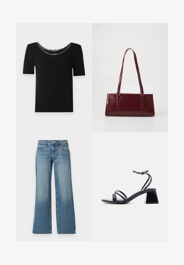 Musthave musta lühikese varrukaga t-särk, mis on valmistatud pehmest kangast, millel on laineline pitsist kaelus. Lihtne, mugav disain, ilma mustrite või aksessuaarideta.; Hele sinise tooniga teksapüksid, laia sääredisainiga, keskmise tõusuga vöökohaga, ees taskud ning õrnalt pleekinud, silmatorkava ühtlase tekstuuriga.; Mustad rihmadega avatud varbaga sandaal pahkluu pandlaga ja plokktallaga, nähtaval küljelt heledal lihtsal taustal.; Burgundia värvi käekott, mis on valmistatud läikivast materjalist, ristküliku kujuline, kahe õlapaelaga ning ees on peened kaarjad aktsendid.