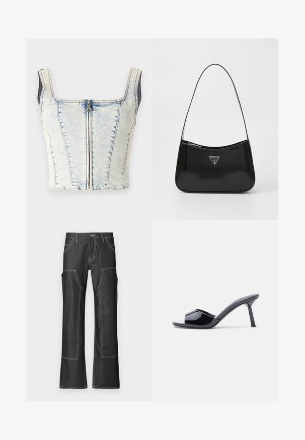 Denim crop top med firkantet udskæring, lyseblå vask, synlig frontlynlås og tykke stropper. Har lodret sømdetaljering overalt.; Mørke denim cargo bukser med hvid kontrastsyning, der har flere lommer og en nederdel design med vidde. Holdbart materiale og metalknaplukning.; Sorte laklæder sandaletter med åben tå, der har et buet overdesign og en spids stilethæl. Glat, blank finish.; Sort patenteret læder skuldertaske med en buet form, prydet med et sølvfarvet trekantet logo og en lynlås-lukning. Glat tekstur og slank rem.