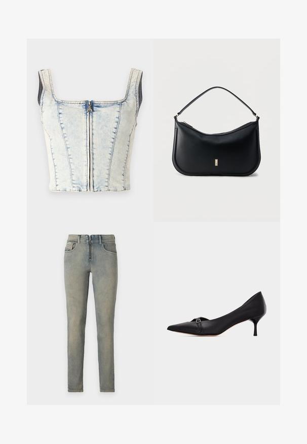Denim crop top med firkantet udskæring, lyseblå vask, synlig frontlynlås og tykke stropper. Har lodret sømdetaljering overalt.; Tætsiddende jeans i lys blå denim, med en frontlynlås, fem lommer og en slidt vask med subtile farvevariationer.; Sort læder kitten heel med spids tå og en lille spænde-rem over fronten, vist mod en ensfarvet hvid baggrund.; Sort skuldertaske i læder med en enkelt strop, minimalistisk design, buet bund og en lille gylden rektangulær logoplade foran.