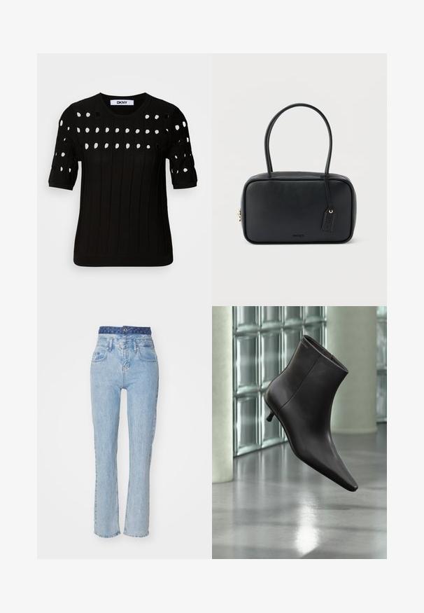 Sort strikket sweater med korte ærmer, ribbet tekstur og rund halsudskæring. Flere udskæringer danner et mønster hen over forsiden.; Lyseblå denim jeans med høj talje, let udvidede ben og et mønstret blåt bælte. Har forlommer og knappelukning.; Sort læderankelstøvle med spids tå og lille hæl vist mod en væg af glasblokke og poleret gulv baggrund.; Sort rektangulær håndtaske med dobbelte runde håndtag, gylden lynlås og præget "HUGO"-logo foran med fastgjort lædermærke.