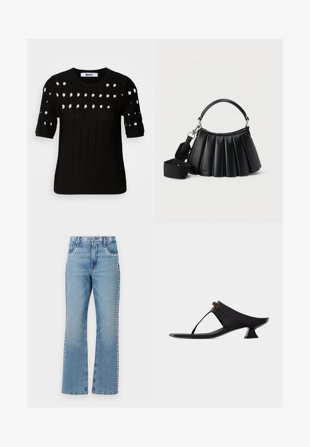 Sort strikket sweater med korte ærmer, ribbet tekstur og rund halsudskæring. Flere udskæringer danner et mønster hen over forsiden.; Good American GOOD ICON STUDDED - Jeans Straight Leg - indigo; Sort læder hælet tåsandale med firkantet tå, midhøj udvidet hæl og guldfarvet spænde på remmen.; Sort læderhåndtaske med plissering, kort håndtag og aftagelig bred skulderrem i stof på hvid baggrund.